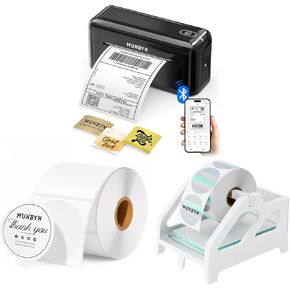 MUNBYN RW402B Thermal Label Printer+2 Inch Circle Thermal Sticker Labels+White Label Holder