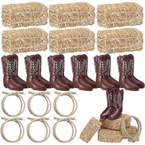 6 مجموعات 6 مجموعات Western Cowboy Party Centerpins Decoration Mini Hay Bales Mini Cowboy Boots Table Centerpieces Twisted Jute Rope for Western Western Birthday Vintage Ornament Decor