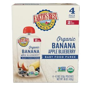Earth's Best Organic Baby Food Pouches, Stage 2 Wholesome Breakfast Puree for Babies 6 Months and Older, Organic Banana Blueberry Flax and Oat Puree, 4 oz Resealable Pouch (Pack of 16)