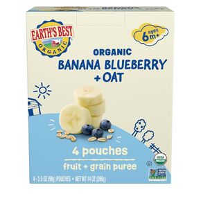 Earth's Best Organic Baby Food Pouches, Stage 2 Wholesome Breakfast Puree for Babies 6 Months and Older, Organic Banana Blueberry Flax and Oat Puree, 4 oz Resealable Pouch (Pack of 16)