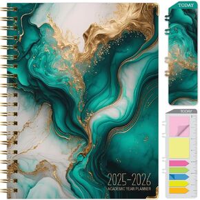 HARDCOVER Academic Year 2025-2026 Planner: (June 2025 Through July 2026) 8.5"x11" Daily Weekly Monthly Planner Yearly Agenda. Bookmark, Pocket Folder and Sticky Note Set (Teal Gold Marble)