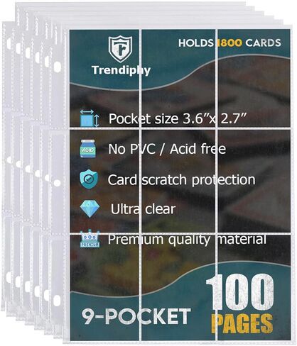 1800 Pockets Trading Card Sleeves, Premium 9-Pocket 100 Pages, Double-Sided Baseball Sleeves, Protectors Sheets for TCG Card Storage - Fits 3 Ring Binder (100 Sheets) in Saudi Arabia