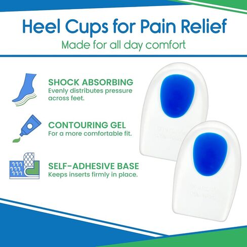 Heel Cups for Heel Pain Relief (3 Pairs) - Gel Cushion Inserts for Heel Spur, Achilles Tendonitis, Plantar Fasciitis - Insole Pads for Shoes Women & Men - Silicone Supports, Shock Absorbing in Kuwait