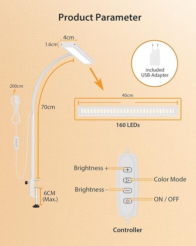 مصباح مكتب، مصباح مكتب iFalarila 160 LED قابل للتعتيم للمكتب المنزلي [عنق معقوفة مرن محدث وقضيب معدني ومشبك على شكل حرف I] مشبك ضوء كتاب على الطاولة للقراءة، ومنضدة العمل، والصياغة، وتكنولوجيا الأظافر، والخياطة، والألغاز in Kuwait