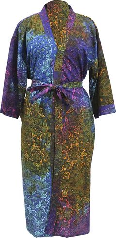 CRAFT KALA Robe Women's Kimono Long s with White Flower Printed Blue Kimono Nightgown, One Size, White Flower Blue in Saudi Arabia