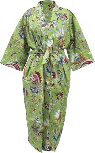 CRAFT KALA Robe Women's Kimono Long s with White Flower Printed Blue Kimono Nightgown, One Size, White Flower Blue in Saudi Arabia