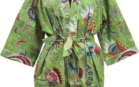 CRAFT KALA Robe Women's Kimono Long s with White Flower Printed Blue Kimono Nightgown, One Size, White Flower Blue in Saudi Arabia