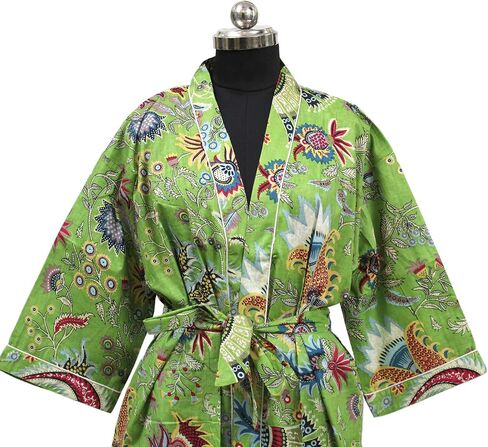 CRAFT KALA Robe Women's Kimono Long s with White Flower Printed Blue Kimono Nightgown, One Size, White Flower Blue in Saudi Arabia