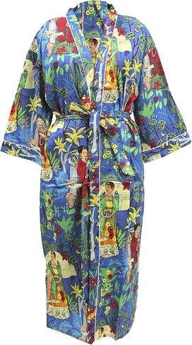 CRAFT KALA Robe Women's Kimono Long s with White Flower Printed Blue Kimono Nightgown, One Size, White Flower Blue in Saudi Arabia
