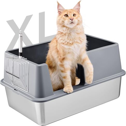 Stainless Steel Litter Box with Lid, Extra Large Metal Cat Box for Big Cats, High Sided Kitty Litter Box with Scoop, XL, Open Top, Non-Sticky, Anti-Leakage, Easy to Clean (Gray, X-Large) in Saudi Arabia