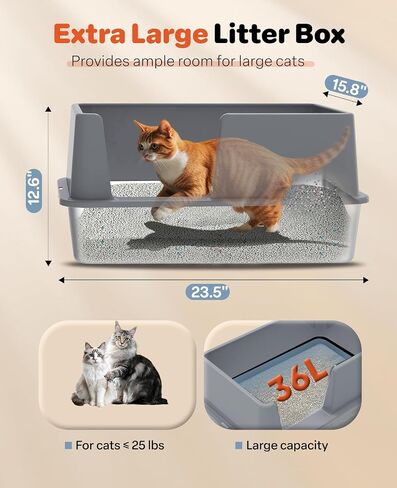 Stainless Steel Litter Box with Lid, Extra Large Metal Cat Box for Big Cats, High Sided Kitty Litter Box with Scoop, XL, Open Top, Non-Sticky, Anti-Leakage, Easy to Clean (Gray, X-Large) in Saudi Arabia