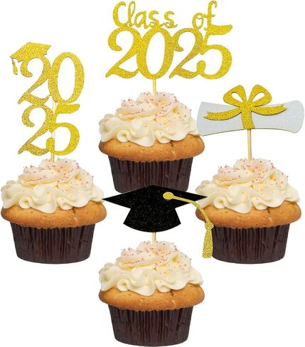 2025 Glittery Graduation Cupcake Toppers (48 Pieces) - Class of 2025 Graduation Cap Diploma Cupcake Toppers - Navy Blue in Saudi Arabia