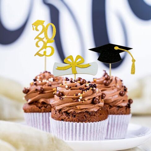 2025 Glittery Graduation Cupcake Toppers (48 Pieces) - Class of 2025 Graduation Cap Diploma Cupcake Toppers - Navy Blue in Saudi Arabia