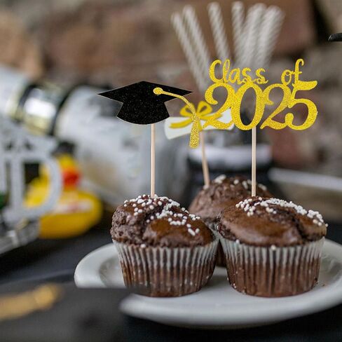 2025 Glittery Graduation Cupcake Toppers (48 Pieces) - Class of 2025 Graduation Cap Diploma Cupcake Toppers - Navy Blue in Saudi Arabia