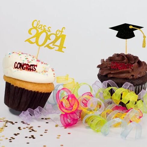 2025 Glittery Graduation Cupcake Toppers (48 Pieces) - Class of 2025 Graduation Cap Diploma Cupcake Toppers - Navy Blue in Saudi Arabia