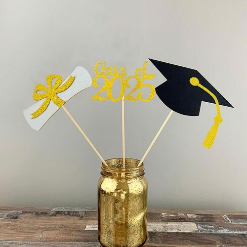 2025 Glittery Graduation Cupcake Toppers (48 Pieces) - Class of 2025 Graduation Cap Diploma Cupcake Toppers - Navy Blue in Saudi Arabia
