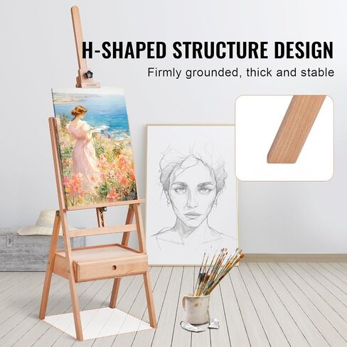 VEVOR Studio H-Frame Easel, Holds Canvas up to 36", Beechwood Artists Easel with Art Supply Storage Drawer, 22 lbs Load Capacity in Saudi Arabia
