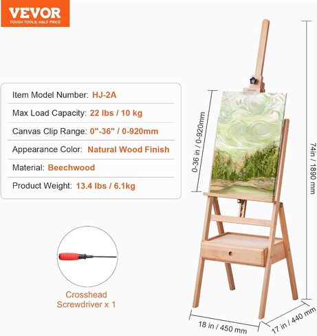 VEVOR Studio H-Frame Easel, Holds Canvas up to 36", Beechwood Artists Easel with Art Supply Storage Drawer, 22 lbs Load Capacity in Saudi Arabia