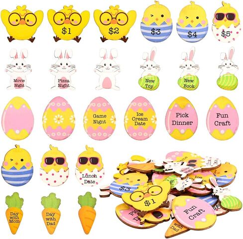 24 Pcs Easter Tokens Reward Egg Fillers Bunny Wood Basket Egg Tokens for Easter Day Party Favors Craft Decoration (Bunny Tokens) in Saudi Arabia