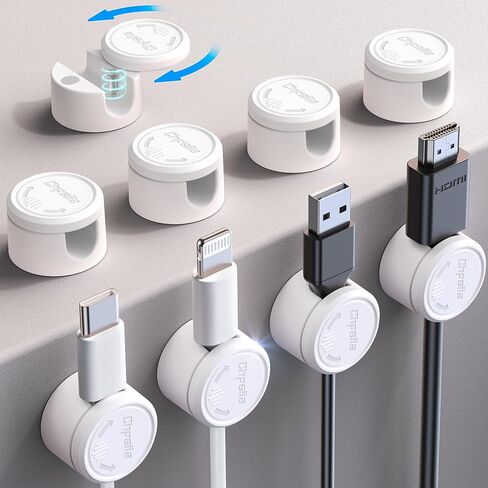 9 Pack Magnetic Cord Organizer [Upgraded Magnetic-Twist-Locked Clips], [360°Rotating Lid] Chfeila Adhesive Cable Management Clips, Phone Charger Cord Holder for Desk Nightstand Car Table Wall, White in Saudi Arabia