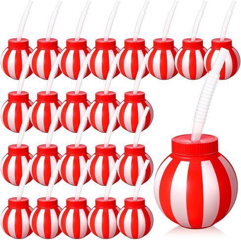 12 Sets Circus Theme Party Decorations 10 oz Circus Ball Cups with Straws and Lids Carnival Decorations Red and White Carnival Cups for Party in Saudi Arabia