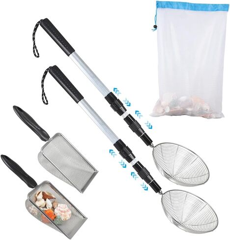 Beach Sand Sifter, 2 Beach Sifting Sand Telescoping Pole Sets with Scoops, Baskets, Mesh Bag, for Kids Picking Up Shells Shovels Shark Teeth in Saudi Arabia