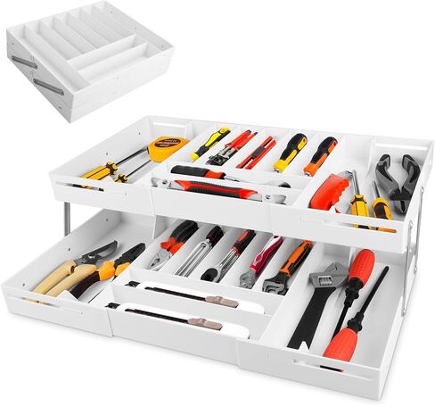 2 Tier Extra Large and High Drawer Organizer, Expandable Smart Drawer Organizer, Desk Organizer for Hardware Tools, Makeup, Jewelry (GRAY) in Kuwait
