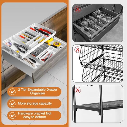 2 Tier Extra Large and High Drawer Organizer, Expandable Smart Drawer Organizer, Desk Organizer for Hardware Tools, Makeup, Jewelry (GRAY) in Kuwait