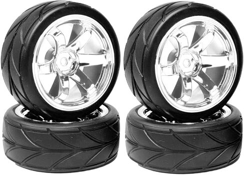 4PCS 64mm RC On Road Rubber Tires and Plastic Plating Wheel Rims Set Replacement Part for 1/10 RC Run-flating Touring Racing Drift Car Tyre(6Spoke-Silver,Offset:6mm) in Saudi Arabia