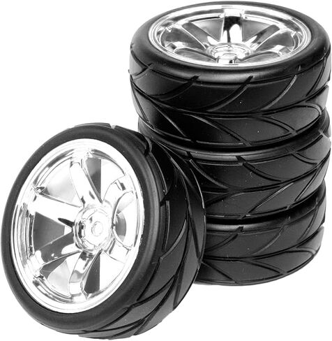 4PCS 64mm RC On Road Rubber Tires and Plastic Plating Wheel Rims Set Replacement Part for 1/10 RC Run-flating Touring Racing Drift Car Tyre(6Spoke-Silver,Offset:6mm) in Saudi Arabia