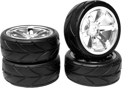 4PCS 64mm RC On Road Rubber Tires and Plastic Plating Wheel Rims Set Replacement Part for 1/10 RC Run-flating Touring Racing Drift Car Tyre(6Spoke-Silver,Offset:6mm) in Saudi Arabia