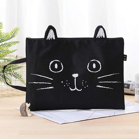 Sun Kea Cute Cat File Folders A4 Size Zippered Canvas Portfolio Document Pocket Students Stationery Organizer Handbag in Saudi Arabia