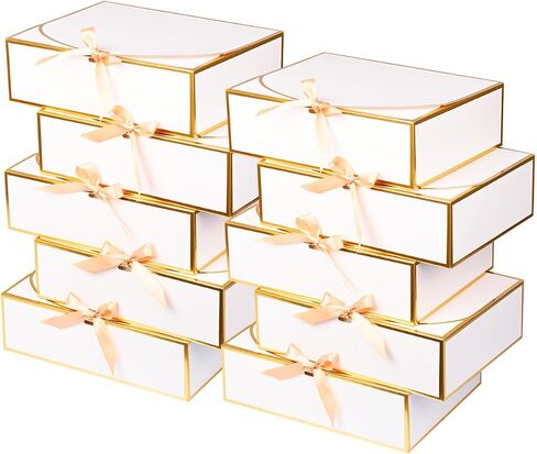WLUSEAXI 10 Pack Gold Foil Gift Boxes with Lids, 10.6x7.8x3.1Inch Luxury Bridesmaid Proposal Box, White Gift Boxes for Presents, Wedding, Baby Shower, Birthday Party in Saudi Arabia