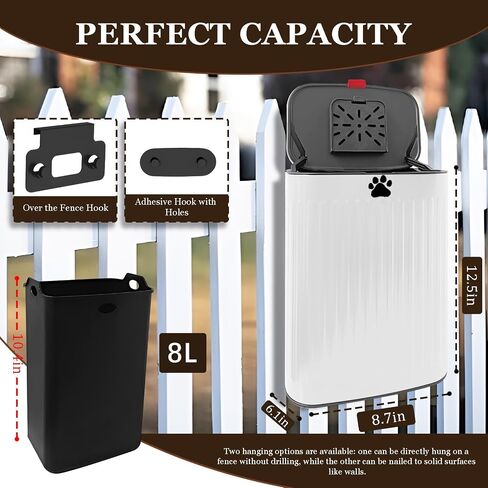 Dog Waste Trash Can Wall Mounted, 2.1Gal Small Outdoor Trash Can with Lid, Hanging on Fence, Dog Poop Bucket with 40 Bags, Inner Waste Bin, White in Saudi Arabia
