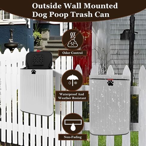 Dog Waste Trash Can Wall Mounted, 2.1Gal Small Outdoor Trash Can with Lid, Hanging on Fence, Dog Poop Bucket with 40 Bags, Inner Waste Bin, White in Saudi Arabia