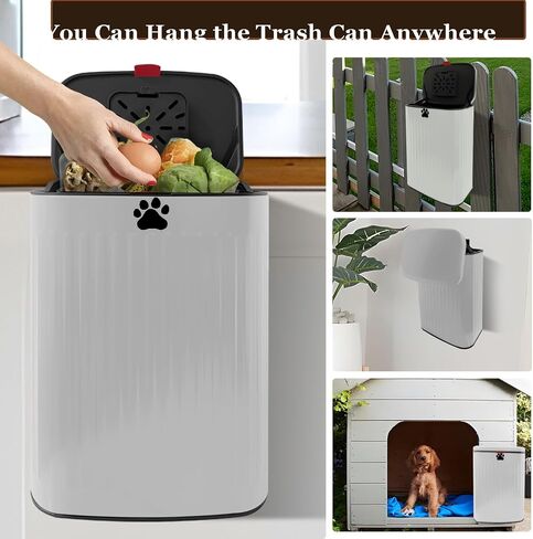 Dog Waste Trash Can Wall Mounted, 2.1Gal Small Outdoor Trash Can with Lid, Hanging on Fence, Dog Poop Bucket with 40 Bags, Inner Waste Bin, White in Saudi Arabia