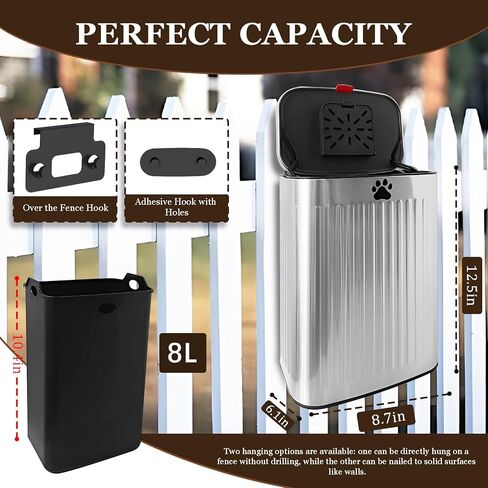 Dog Waste Trash Can Wall Mounted, 2.1Gal Small Outdoor Trash Can with Lid, Hanging on Fence, Dog Poop Bucket with 40 Bags, Inner Waste Bin, White in Kuwait