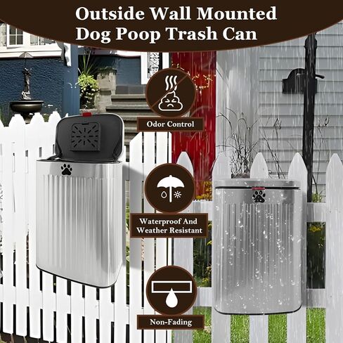 Dog Waste Trash Can Wall Mounted, 2.1Gal Small Outdoor Trash Can with Lid, Hanging on Fence, Dog Poop Bucket with 40 Bags, Inner Waste Bin, White in Kuwait