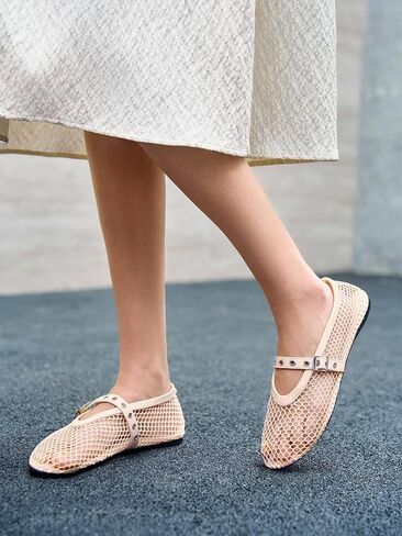 Coutgo Womens Mesh Ballet Flats Mary Jane Fishnet Ballerina Flats Buckle Strap Comfortable Causal Dress Shoes in Kuwait