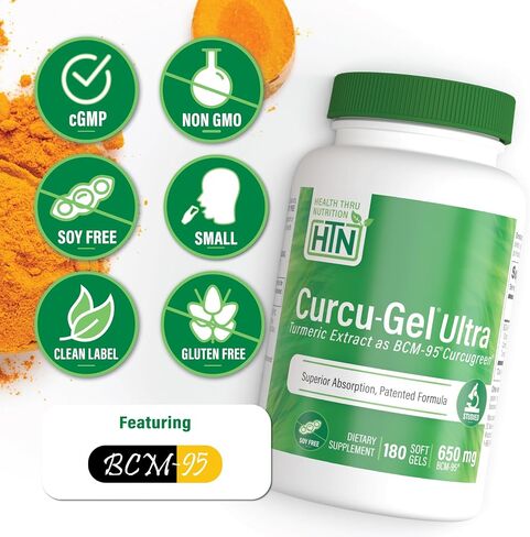 Health Thru Nutrition Curcu-Gel 650mg BCM-95® CurcuGreen Turmeric Curcumin | High Absorption | Healthy Inflammation Response | Clinically Studied | 3rd Party Tested | Non-GMO (Pack of 180) in Saudi Arabia
