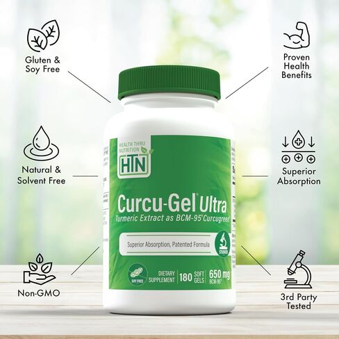 Health Thru Nutrition Curcu-Gel 650mg BCM-95® CurcuGreen Turmeric Curcumin | High Absorption | Healthy Inflammation Response | Clinically Studied | 3rd Party Tested | Non-GMO (Pack of 180) in Saudi Arabia