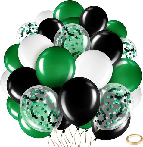 Sratte 60 Pcs 12 Inch Balloons Kit Confetti Latex Metallic Balloons with 2 Rolls Ribbon Party Favor for Memorial Day, Birthdays, Fourth of July, Halloween Decorations(Black, Green, White) in Kuwait