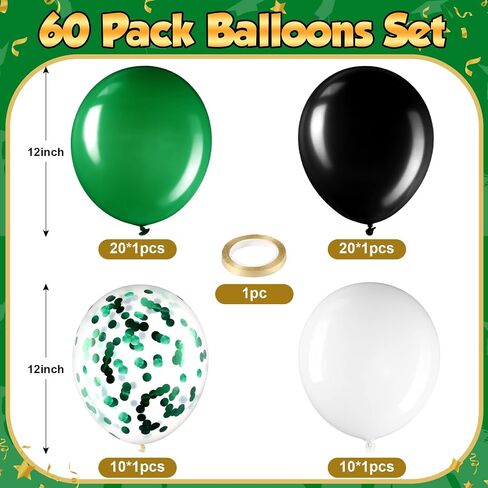 Sratte 60 Pcs 12 Inch Balloons Kit Confetti Latex Metallic Balloons with 2 Rolls Ribbon Party Favor for Memorial Day, Birthdays, Fourth of July, Halloween Decorations(Black, Green, White) in Kuwait