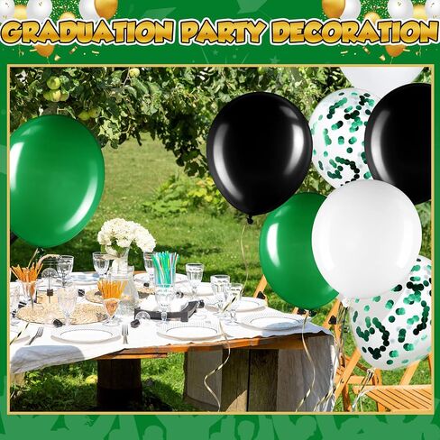 Sratte 60 Pcs 12 Inch Balloons Kit Confetti Latex Metallic Balloons with 2 Rolls Ribbon Party Favor for Memorial Day, Birthdays, Fourth of July, Halloween Decorations(Black, Green, White) in Kuwait