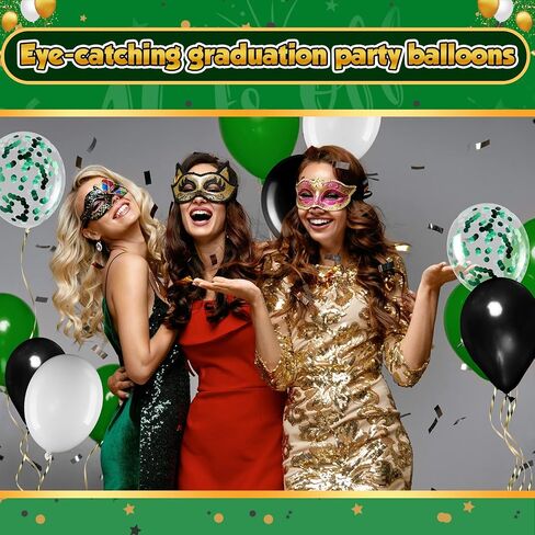 Sratte 60 Pcs 12 Inch Balloons Kit Confetti Latex Metallic Balloons with 2 Rolls Ribbon Party Favor for Memorial Day, Birthdays, Fourth of July, Halloween Decorations(Black, Green, White) in Kuwait