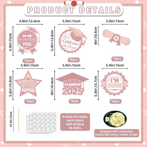 36Pcs Pink White Graduation Centerpieces for Tables 2025 with Lights Graduation Party Centerpieces Graduation Decorations Class of 2025 Graduation Table Decorations 2025 Graduation Party Decorations in Kuwait