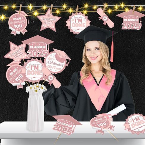 36Pcs Pink White Graduation Centerpieces for Tables 2025 with Lights Graduation Party Centerpieces Graduation Decorations Class of 2025 Graduation Table Decorations 2025 Graduation Party Decorations in Kuwait