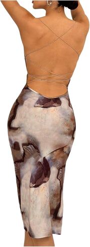 GORGLITTER Women's Tie Dye Backless Bodycon Dress Spaghetti Strap Cami Long Dresses with Slit in Saudi Arabia
