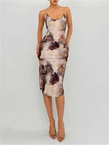 GORGLITTER Women's Tie Dye Backless Bodycon Dress Spaghetti Strap Cami Long Dresses with Slit in Saudi Arabia