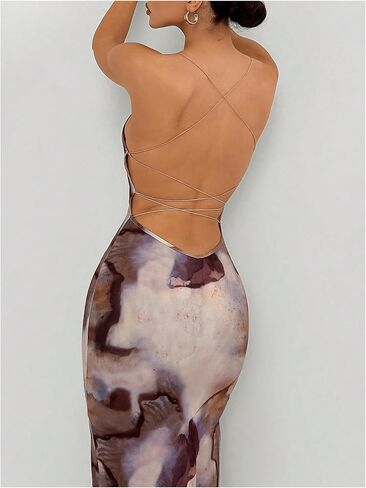 GORGLITTER Women's Tie Dye Backless Bodycon Dress Spaghetti Strap Cami Long Dresses with Slit in Saudi Arabia